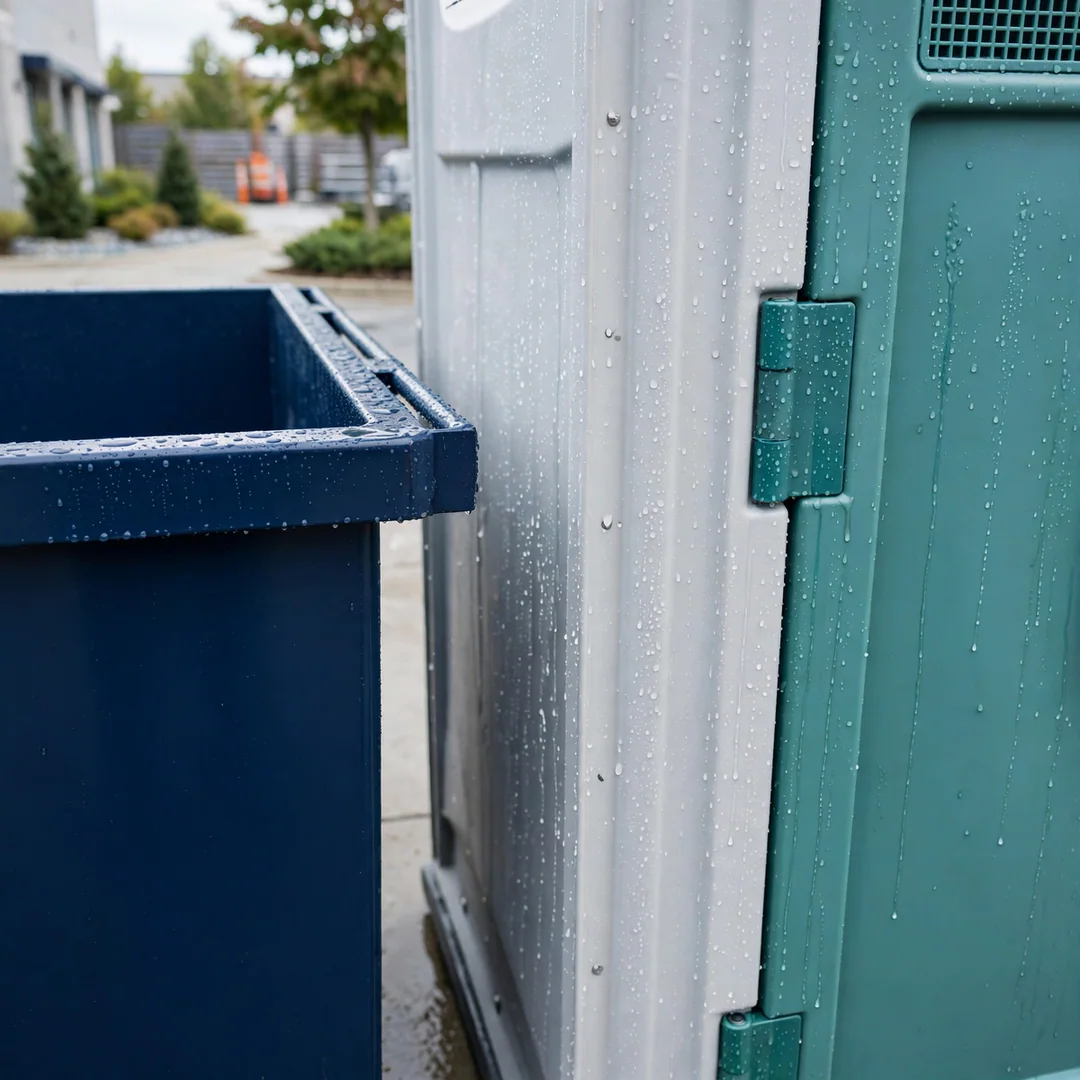 Freshly cleaned portable toilet and dumpster
