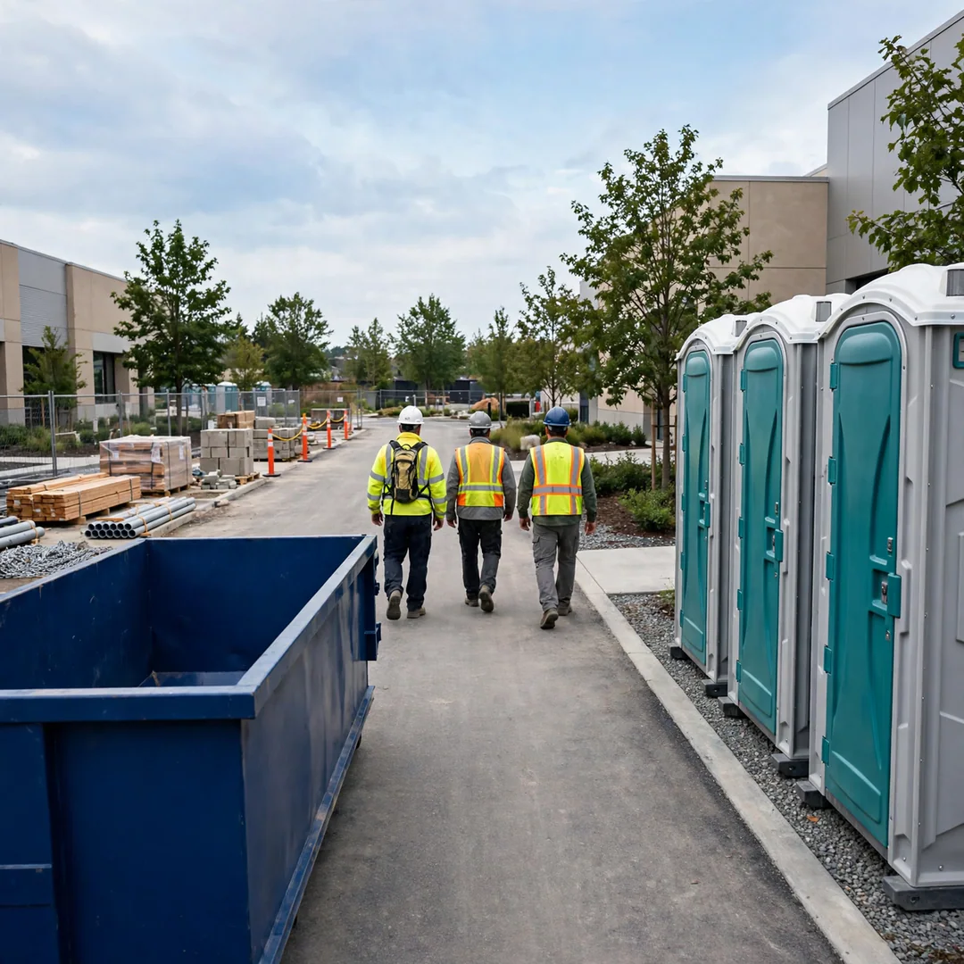 Construction crew walking past portable toilets and a dumpster