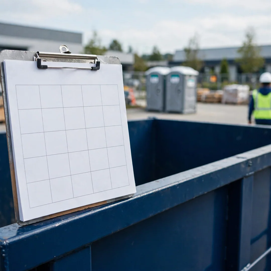 Calendar on a clipboard with a dumpster in the background
