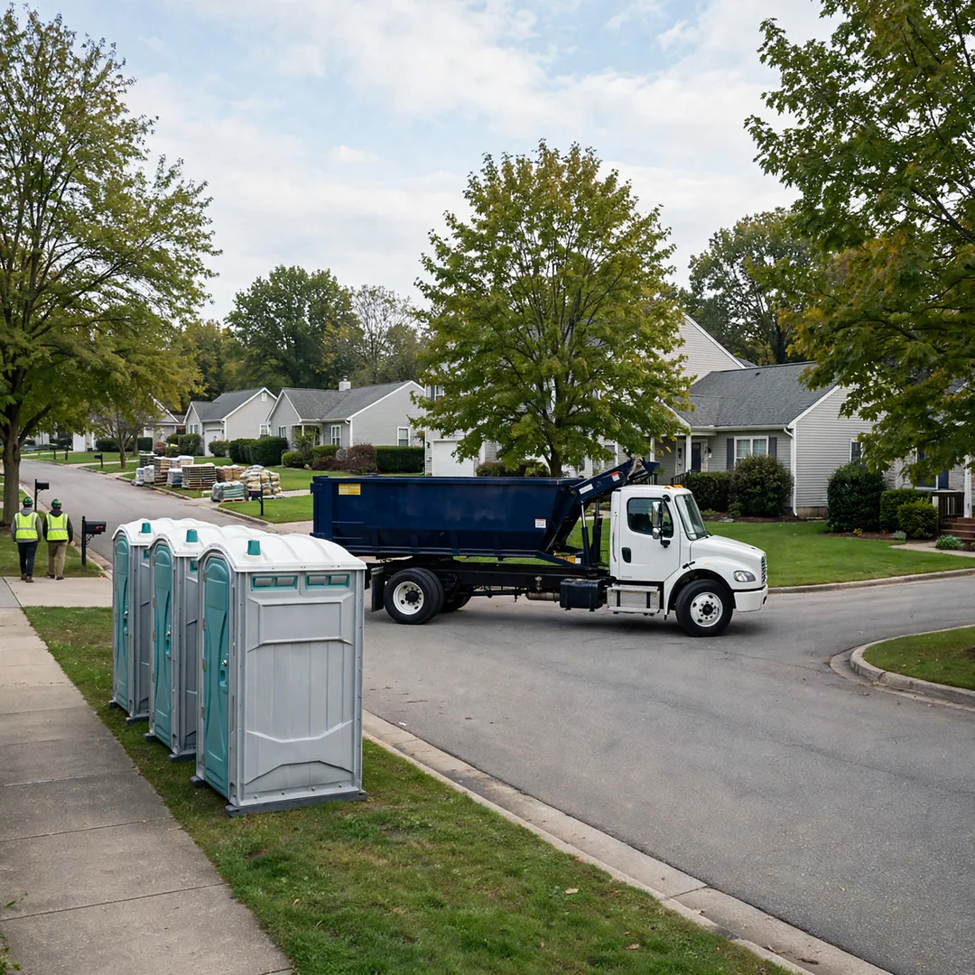 Roll-off truck arriving on schedule at a residential street