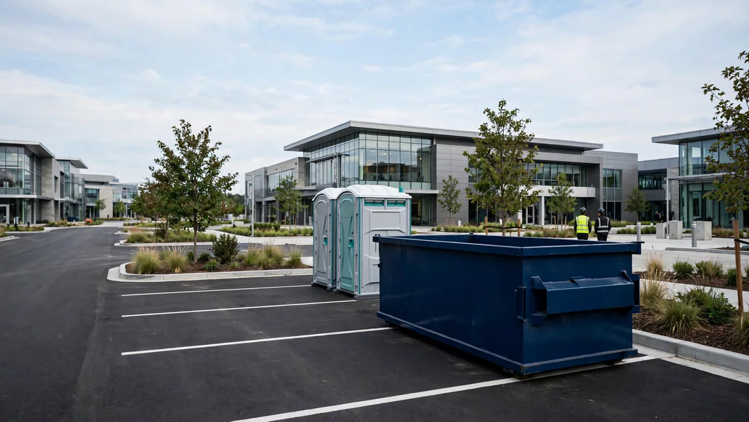 Large roll-off dumpster behind a modern commercial building