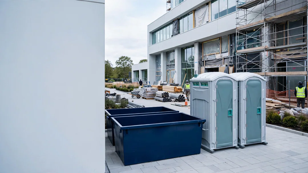 Portable restroom beside a commercial building renovation