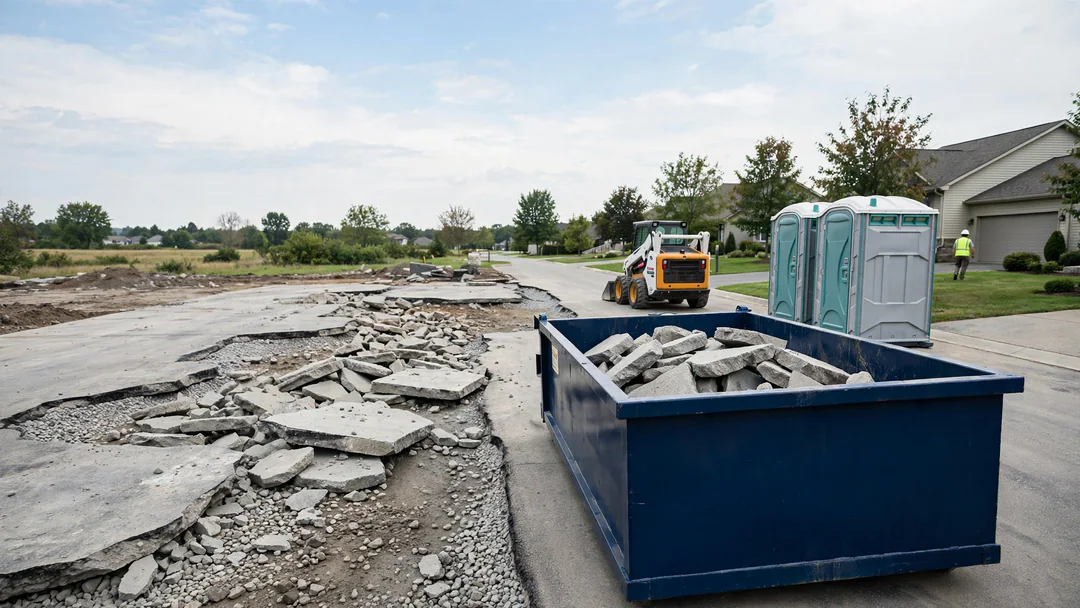Small roll-off dumpster loaded with broken concrete below the rim