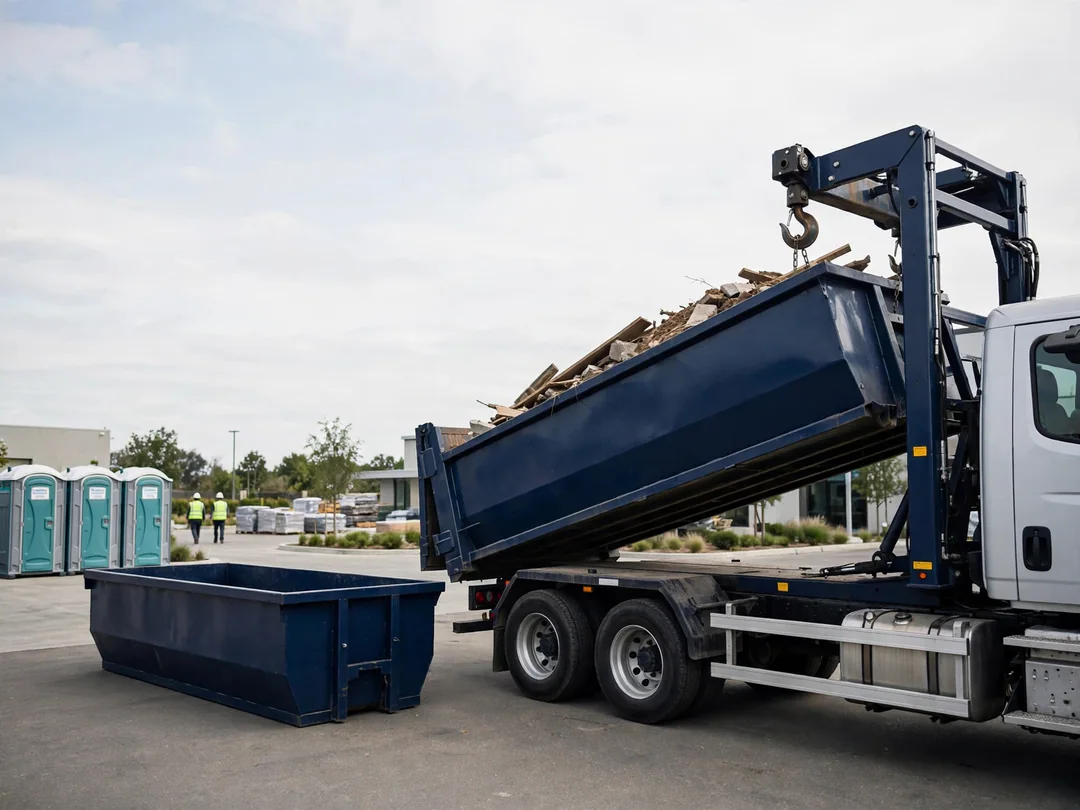 Roll-off truck swapping a full dumpster for an empty one at a job site