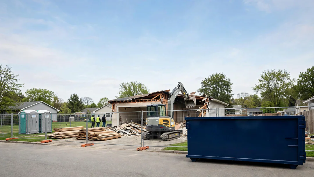 Roll-off dumpster at a controlled demolition of a small structure