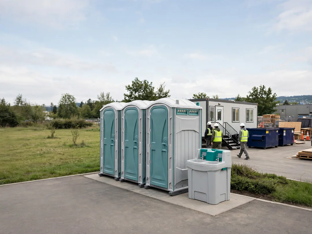 Portable toilets near a site trailer for a construction crew