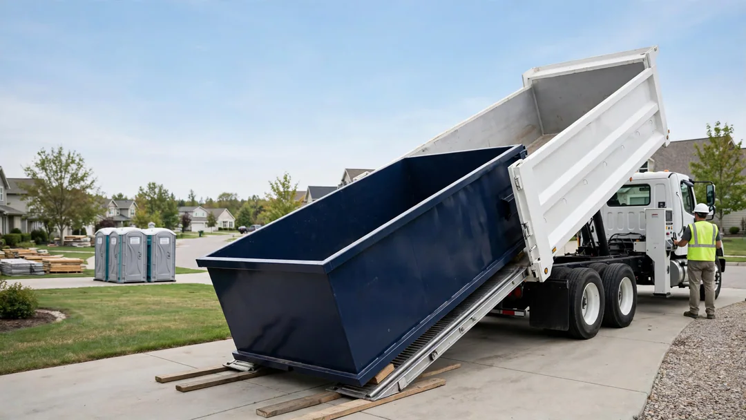 Roll-off truck setting a navy dumpster down on a residential driveway