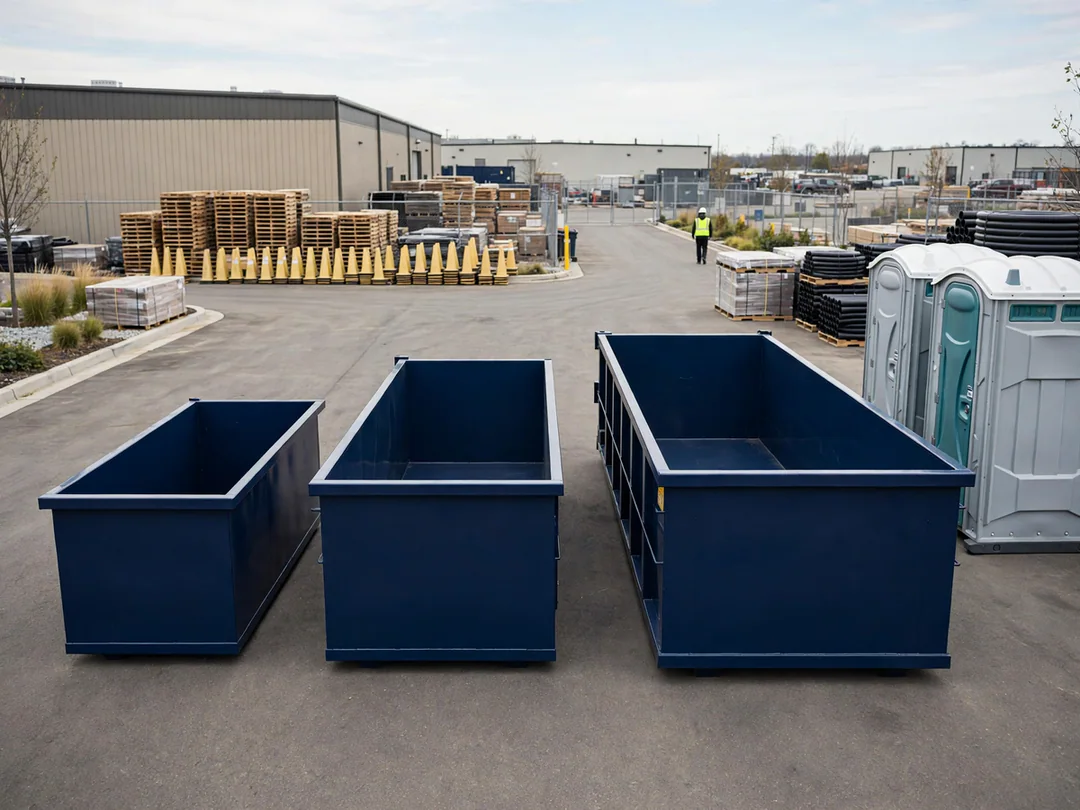 Three roll-off dumpsters of increasing size side by side
