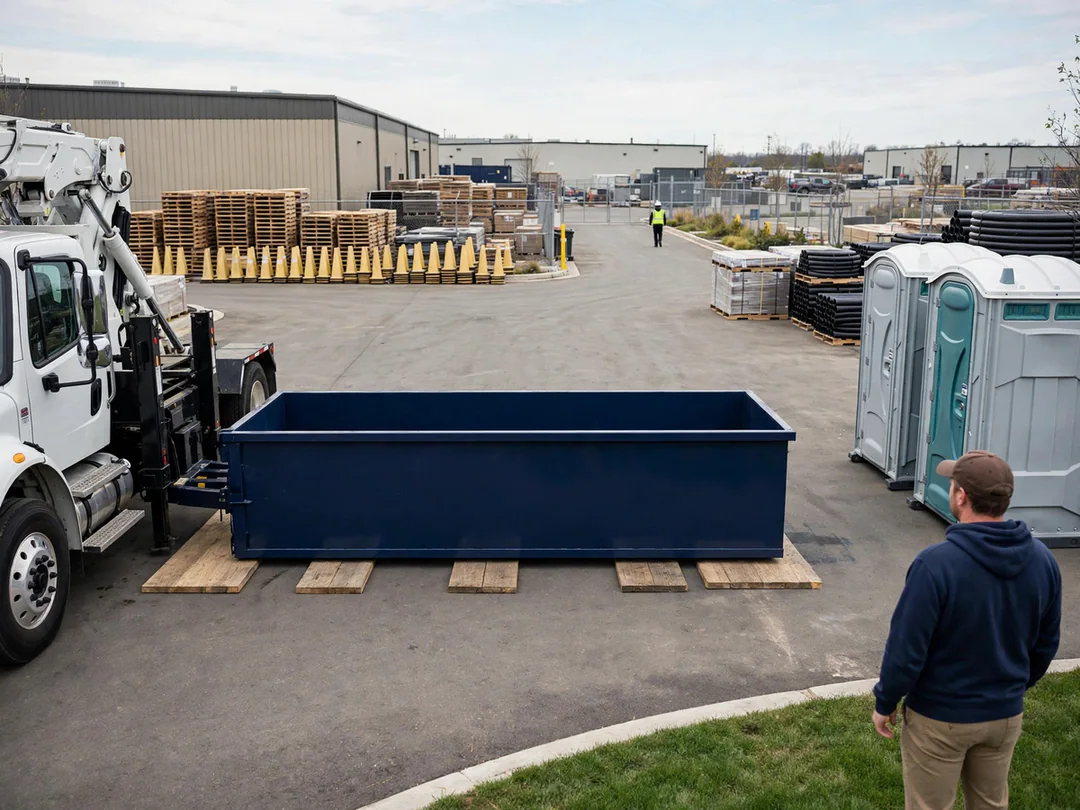 Roll-off truck placing a dumpster on boards in a driveway