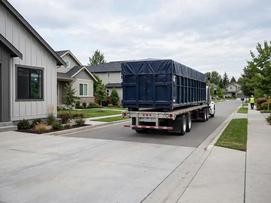 Roll-off truck hauling away a loaded dumpster