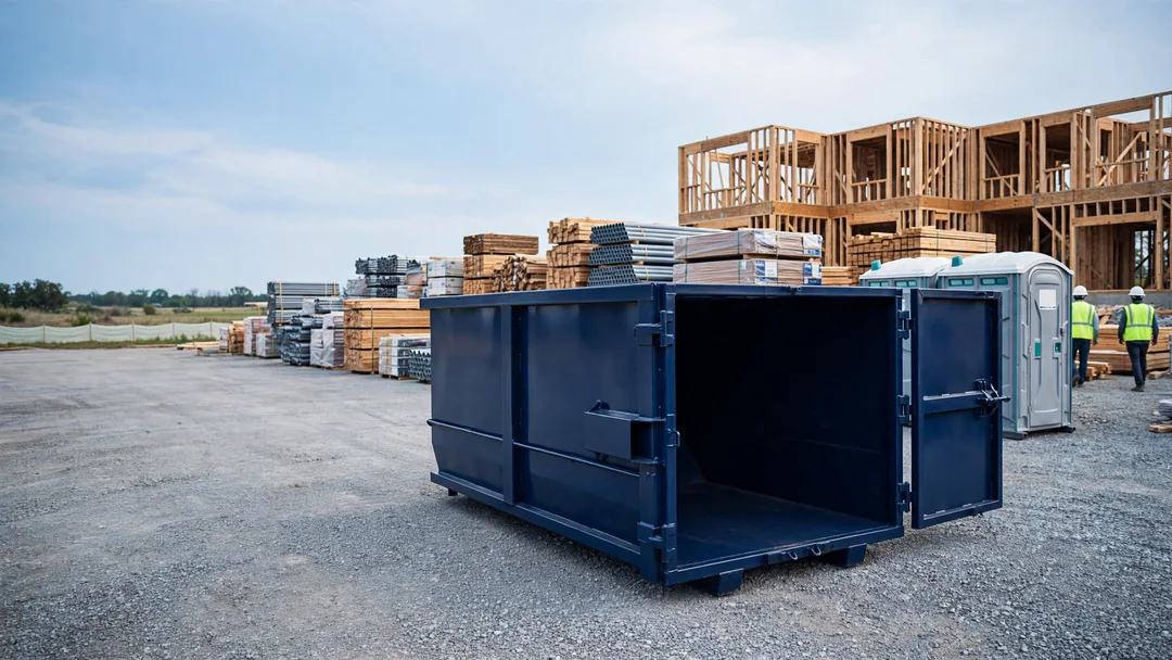 Roll-off dumpster with rear door open at an organized construction site