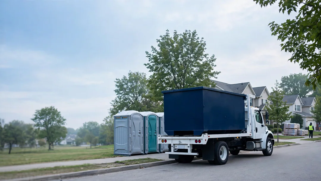 Roll-off truck arriving to deliver a dumpster to a home