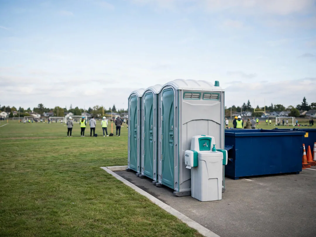 Portable toilets and handwashing stations at a community sports event