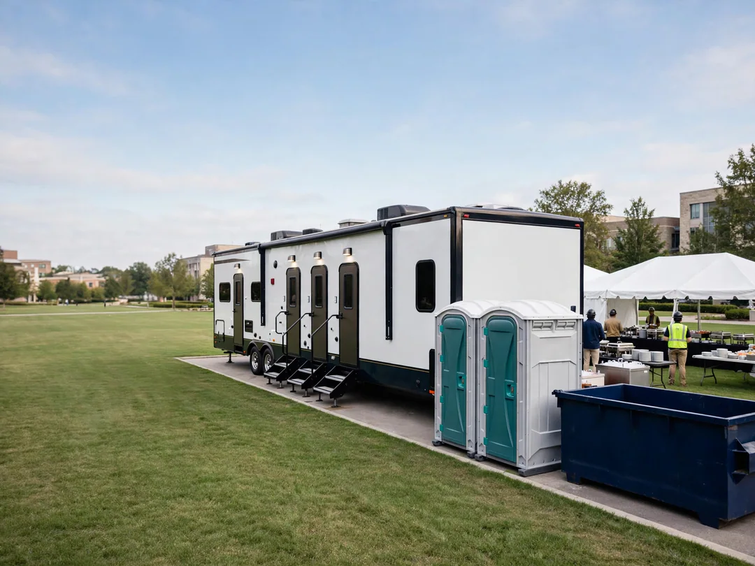 Restroom trailer set up for a corporate outdoor event