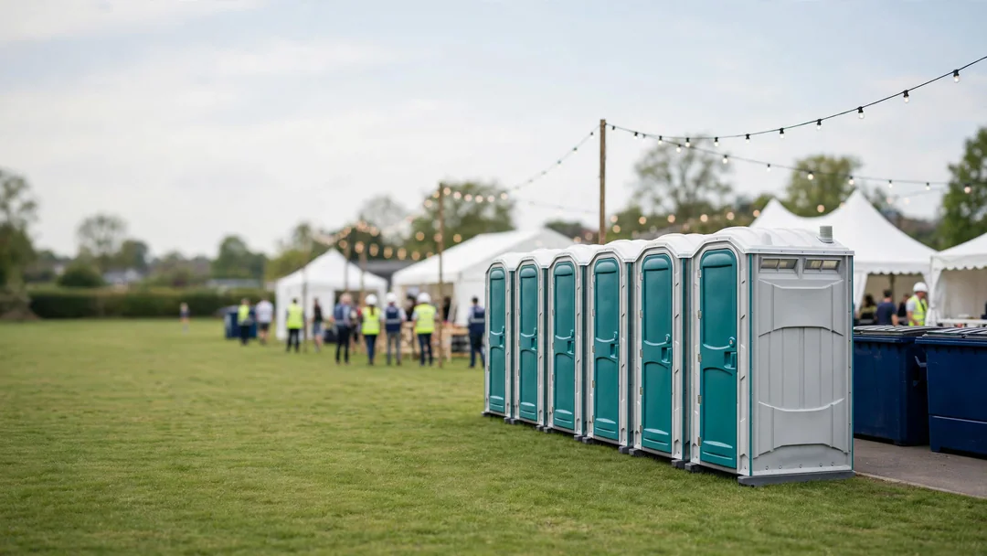 Row of clean event portable toilets near a festival lawn at golden hour