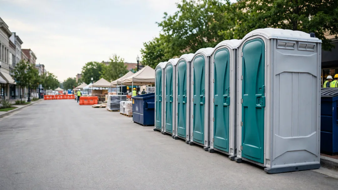 Portable toilets lined up at a city street festival