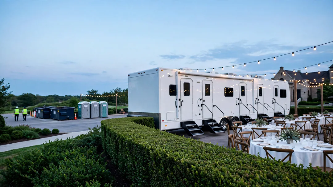 Restroom trailer discreetly placed at an outdoor wedding reception