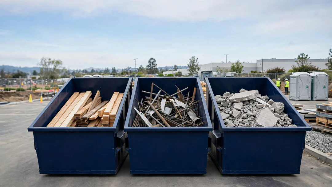 Separate dumpsters for wood, metal and concrete at a job site