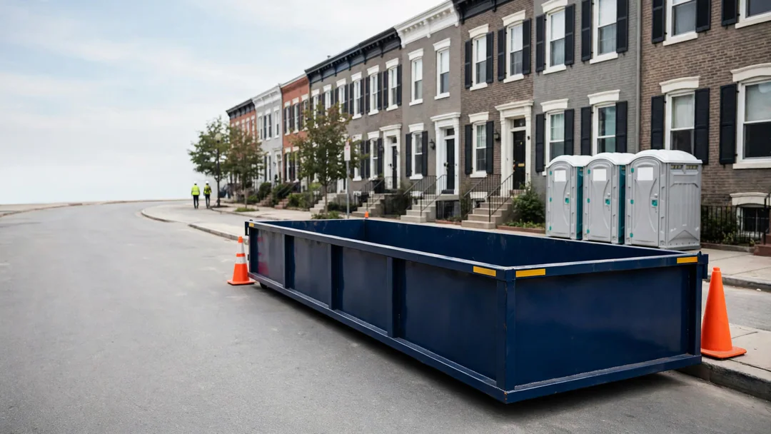 Dumpster placed on a city street with safety cones and reflectors