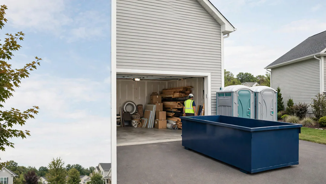 Self-loaded dumpster in a driveway beside a garage of items to discard