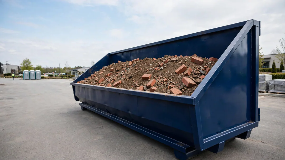 Heavy debris loaded below the fill line of a dumpster