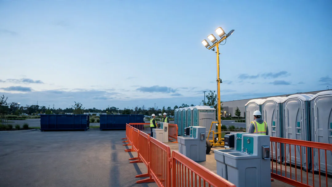 Portable restrooms, handwashing stations and lighting at an event