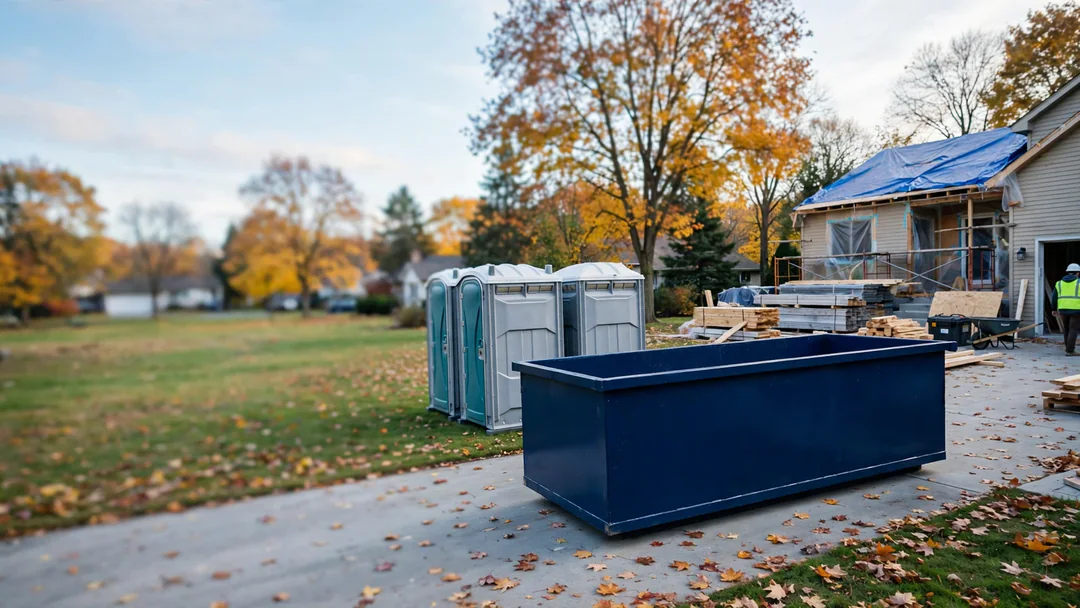 Dumpster in a driveway during a multi-week remodel