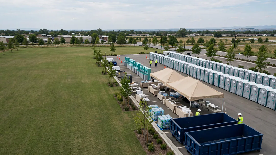 Aerial view of a planned portable toilet layout at an event