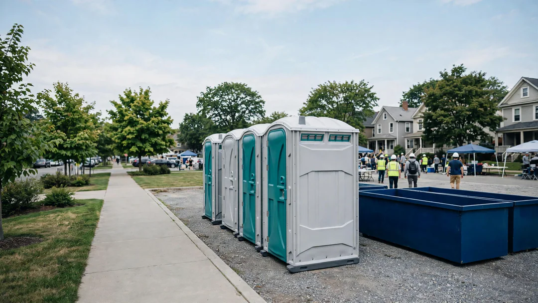 Portable toilets set back on a sidewalk-adjacent lot for a street event