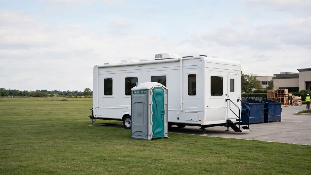 Standard portable toilet next to a luxury restroom trailer