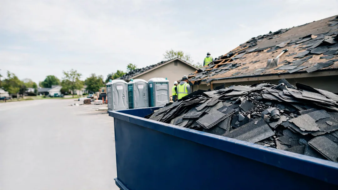Shingles loaded evenly in a dumpster beside a roof tear-off