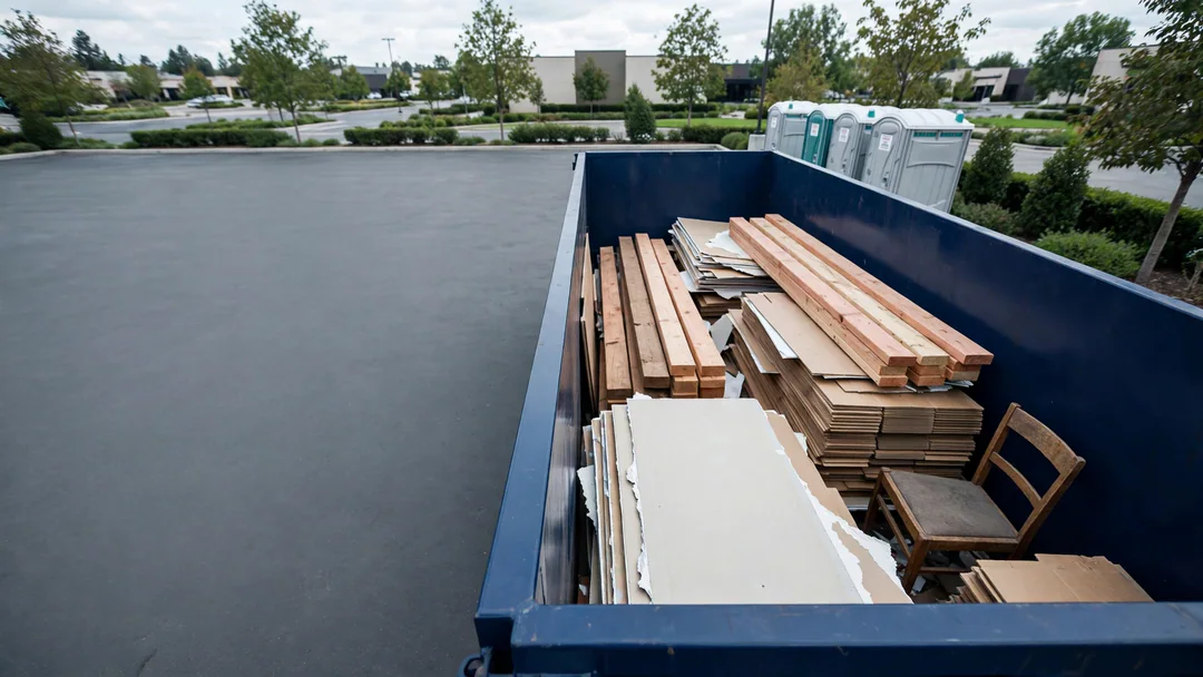Accepted debris such as wood, drywall and furniture loaded in a dumpster