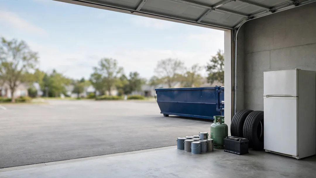 Paint cans, tires, batteries and an appliance set aside from a dumpster