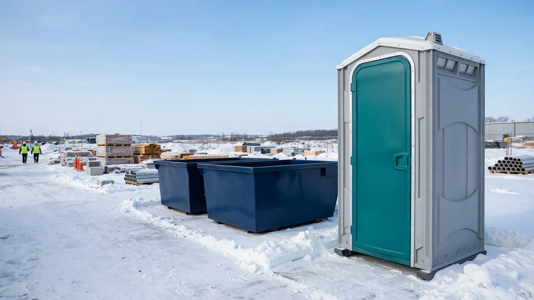 Portable toilet on a cleared pad at a snowy job site