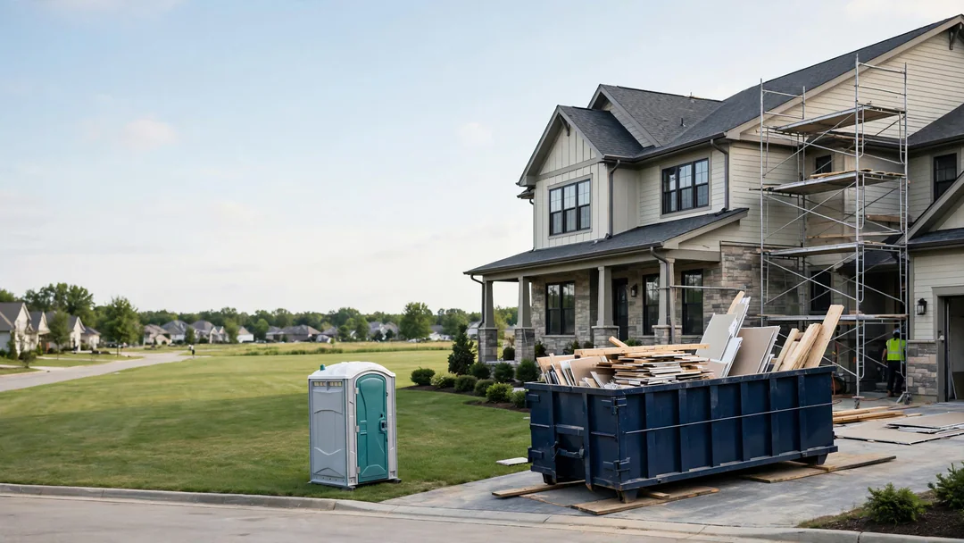 Navy roll-off dumpster in a driveway beside a home under renovation, with a clean portable toilet near the curb
