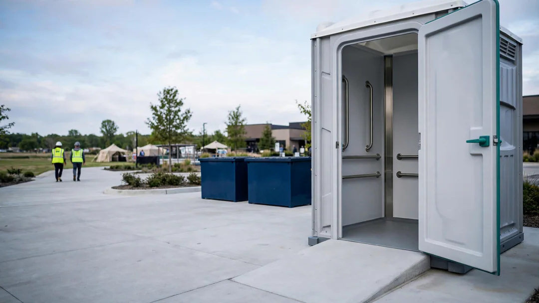 Wheelchair-accessible portable toilet with ground-level entry on a firm, level surface