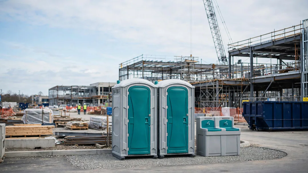 Two portable toilets and a handwashing station on level ground at a construction site