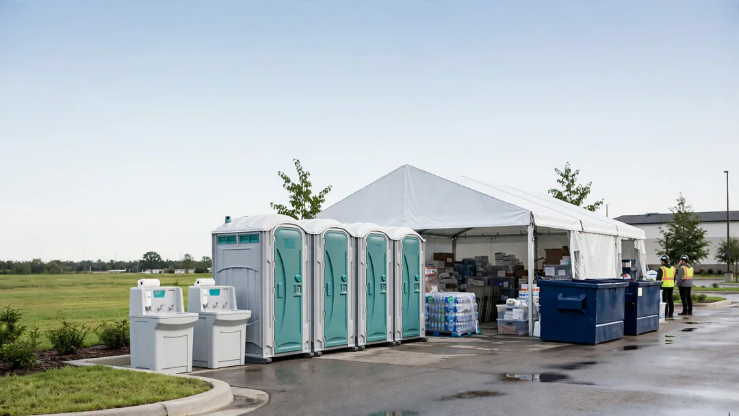 Portable toilets set up quickly at a temporary relief site