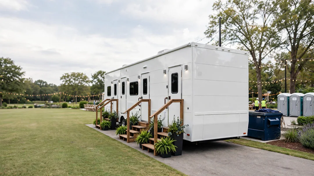 Restroom trailer with wooden steps and planters at an outdoor wedding