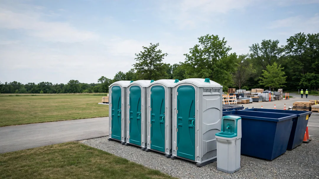 Row of clean portable toilets and a handwashing station on level ground at an outdoor site