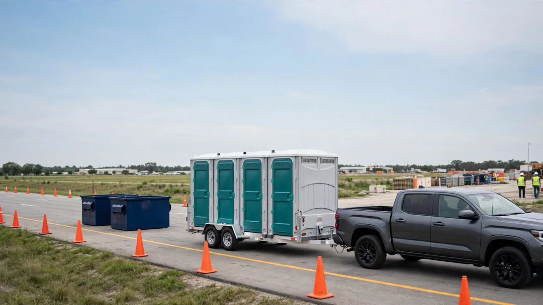 Towable multi-stall toilet trailer at a roadwork site