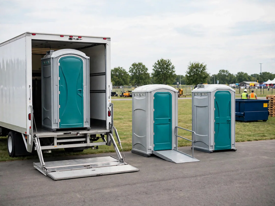 Portable toilets being unloaded from a service truck