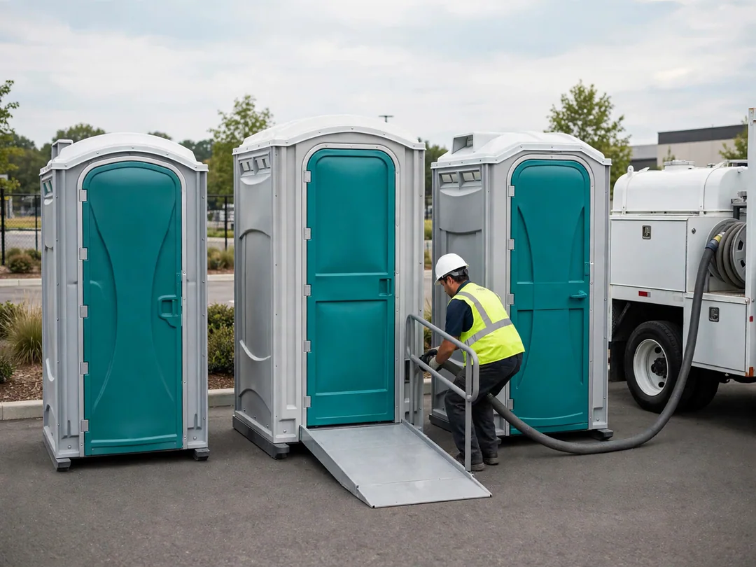 Technician servicing a portable toilet with a vacuum truck
