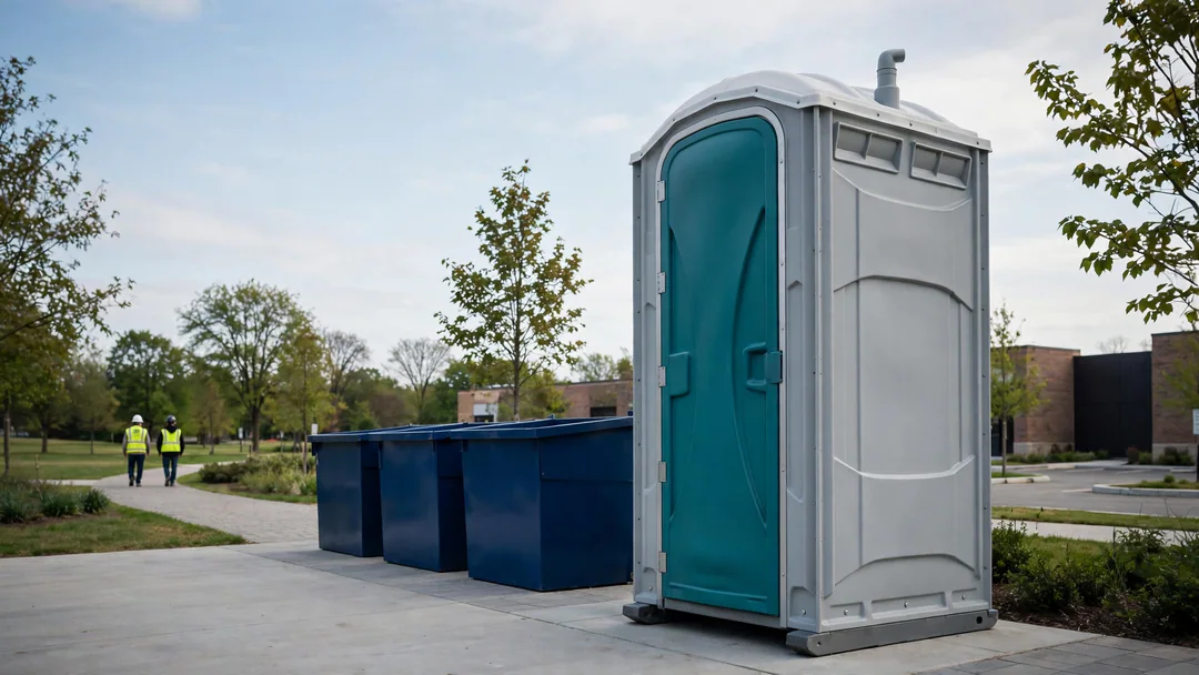 Single clean standard portable toilet on level ground