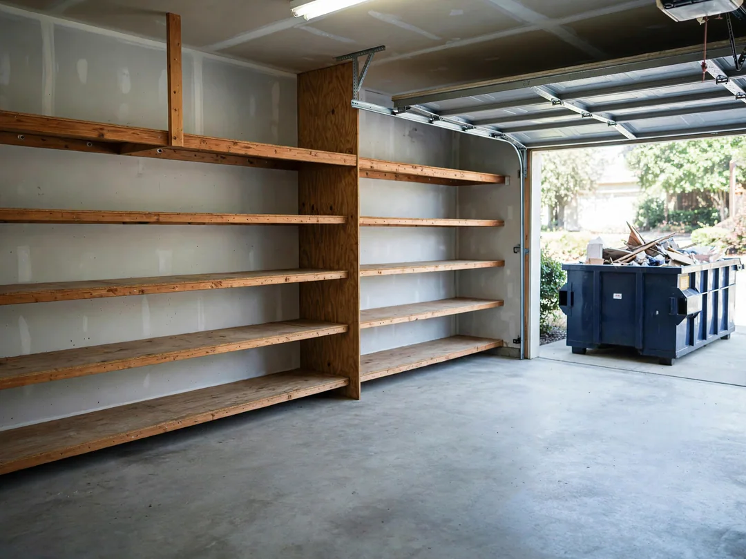 After: the same garage emptied, swept and organized, with a loaded dumpster visible in the driveway
