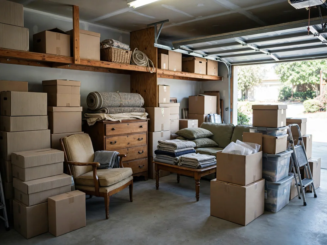Before: a cluttered but not dirty garage packed with boxes and old furniture