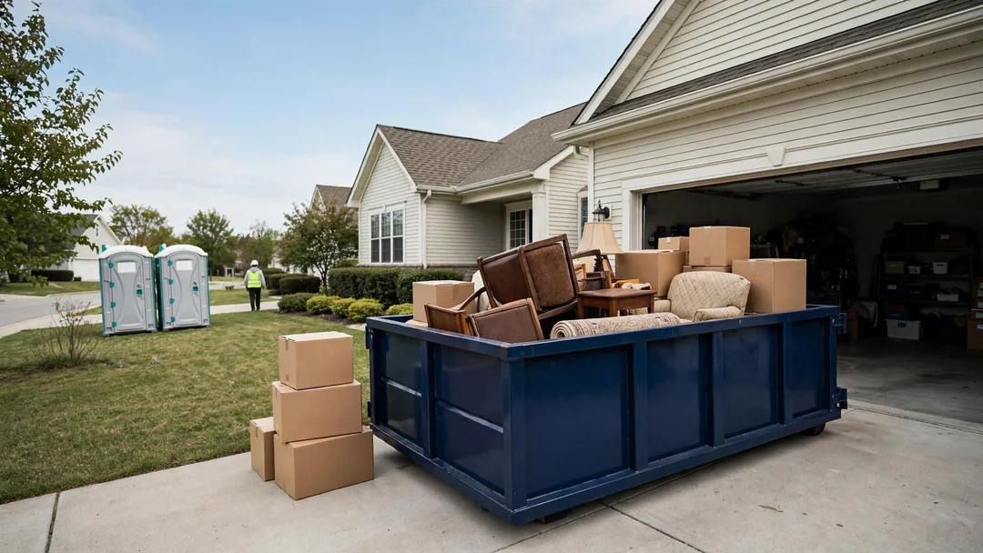 Dumpster in a driveway during an organized home cleanout