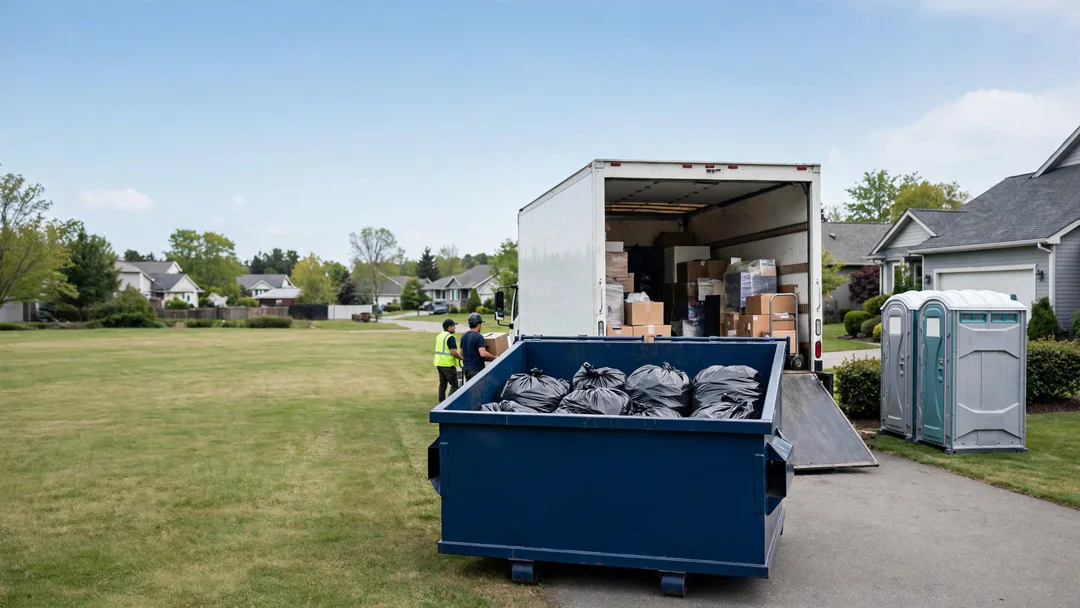 Small dumpster beside a moving truck at a house