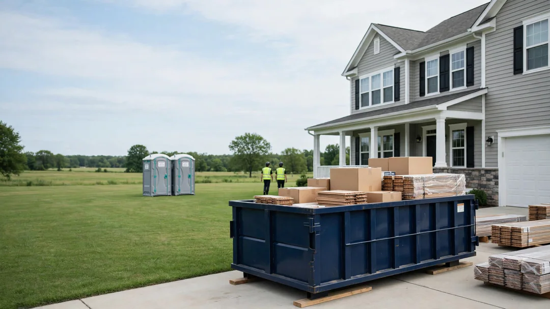 Roll-off dumpster on protective boards in the driveway of a two-story home