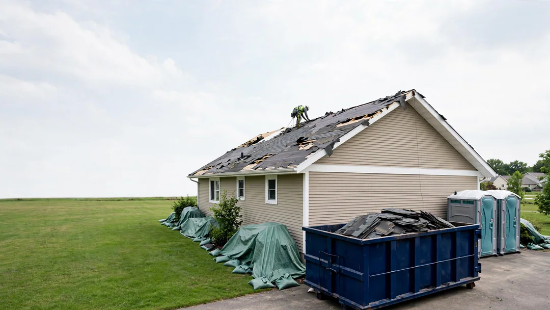 Dumpster beside a house during a roof replacement